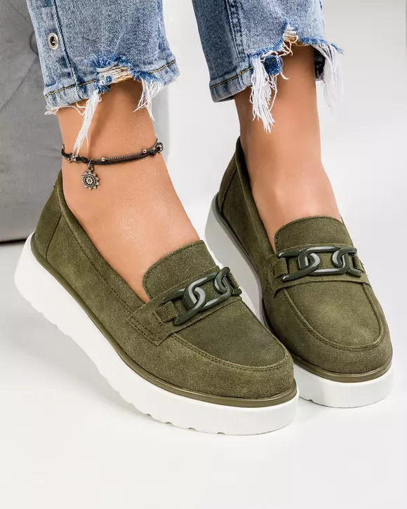 Mocasini dama piele naturala intoarsa verde inchis cu inchidere slip-on si talpa alba T-3071