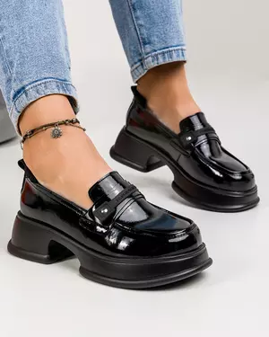Pantofi casual piele naturala lucioasa negri cu inchidere slip-on si talpa groasa JY3110