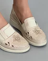 Pantofi Bej Casual De Dama Cu Elastic Perforatii Si Motive Florale Piele Naturala AKA02 5