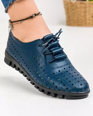 Pantofi Casual Bleumarin Cu Talpa Flexibila Piele Naturala Perforati Cu Siret ZA-201