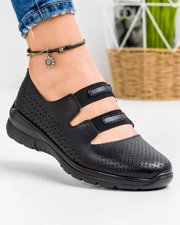 Pantofi Negri Casual Cu Bareta Elastica Piele Naturala XH-2067