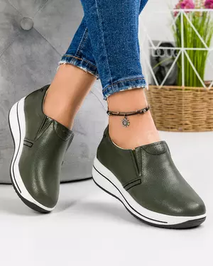Pantofi casual dama din piele naturala verde inchis cu inchidere slip-on si talpa groasa F001-420