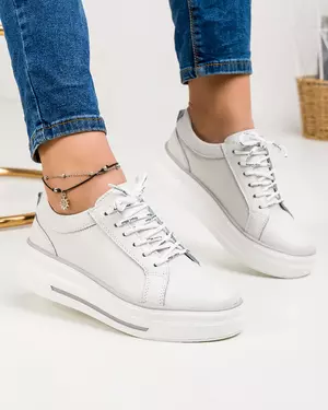 Pantofi casual dama piele naturala albi cu inchidere siret T-5014