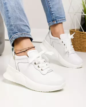 Pantofi casual dama piele naturala albi cu inchidere sireturi JY1563