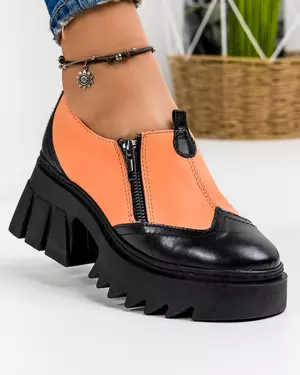 Pantofi casual dama piele naturala corai si negru cu talpa groasa si inchidere cu fermoar PC838