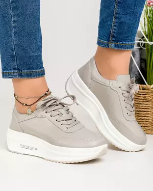 Pantofi casual dama piele naturala gri cu inchidere siret AW376
