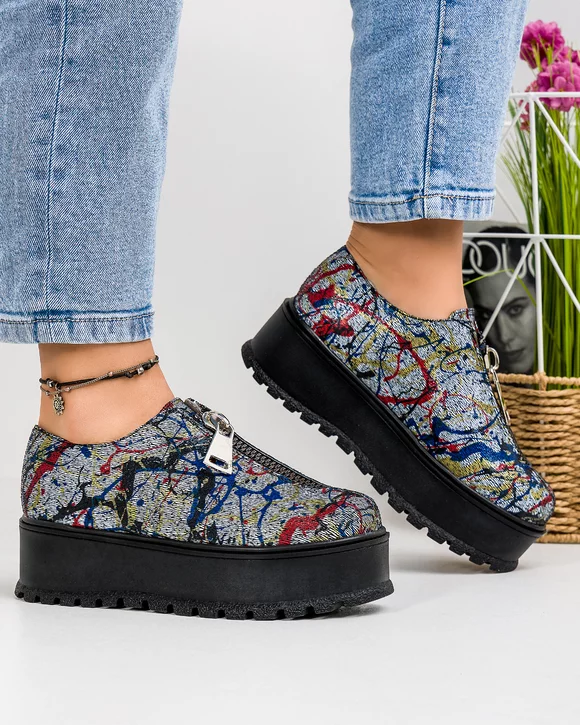 Pantofi Casual Dama Piele Naturala Imprimeu Canvas IN455G