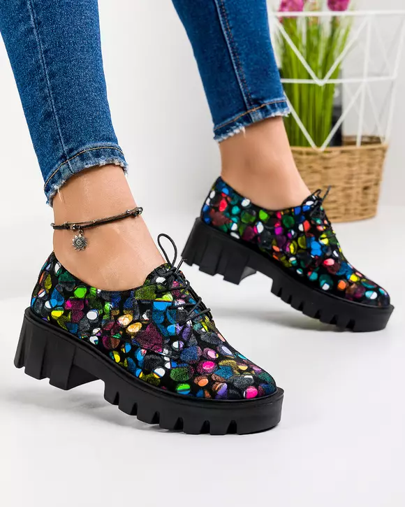 Pantofi casual dama piele naturala intoarsa negri cu print picasso POL160