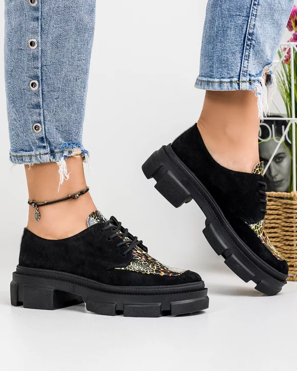 Pantofi Casual Dama Piele Naturala Intoarsa Negru cu Animal Print POL129