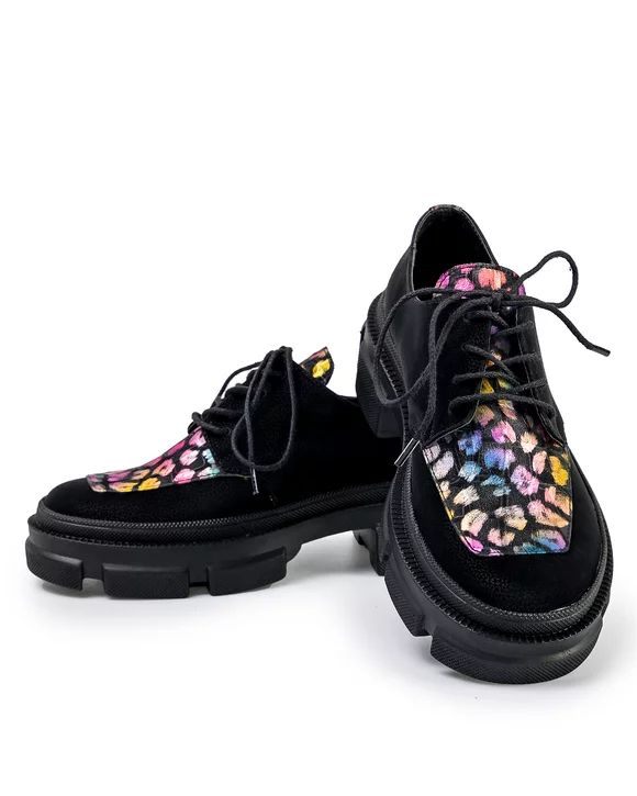 Pantofi Casual Dama Piele Naturala Intoarsa Negru cu Print Multicolor POL128