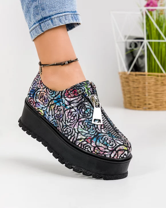 Pantofi Casual Dama Piele Naturala Intoarsa Print Trandafir IN455J