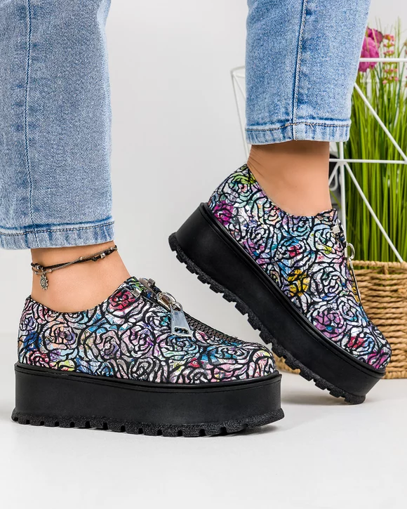Pantofi Casual Dama Piele Naturala Intoarsa Print Trandafir IN455J