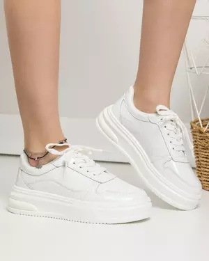Pantofi casual dama piele naturala lucioasa albi inchidere siret AW2023-40