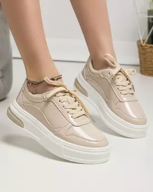Pantofi casual dama piele naturala lucioasa bej inchidere siret AW2023-40