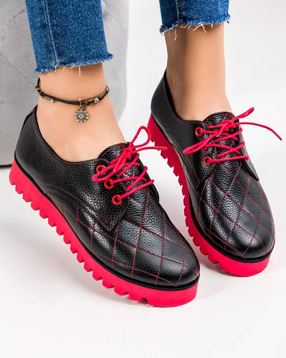 Pantofi casual dama piele naturala negri cu siret si cusaturi decorative POL168