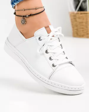 Pantofi casual de dama piele naturala albi cu talpa joasa si inchidere cu siret AKD001