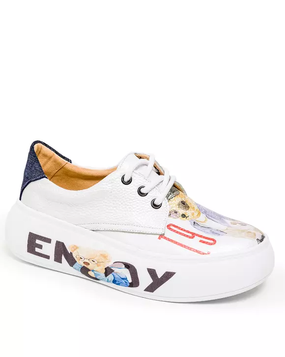 Pantofi casual piele naturala alb sidef cu inscriptii si animatii POL217