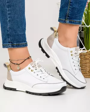 Pantofi casual piele naturala albi cu auriu si inchidere siret T-5016