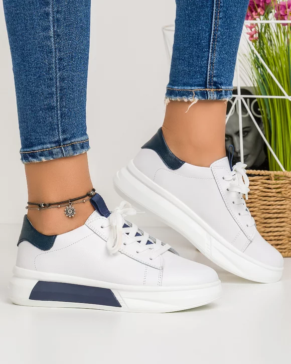 Pantofi Casual Piele Naturala Albi Cu Bleumarin AW217