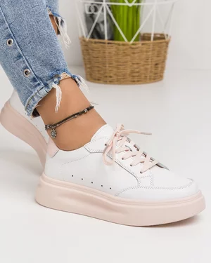 Pantofi Casual Piele Naturala Albi Cu Roz AW429