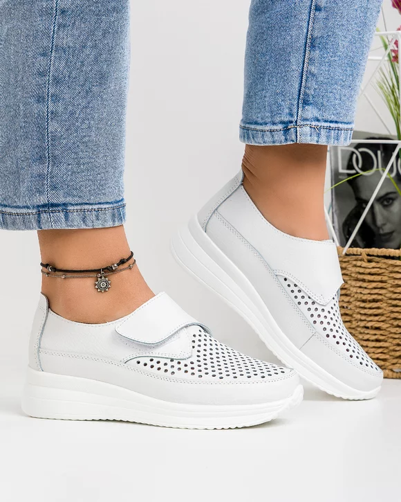 Pantofi Casual Piele Naturala Albi T-3025