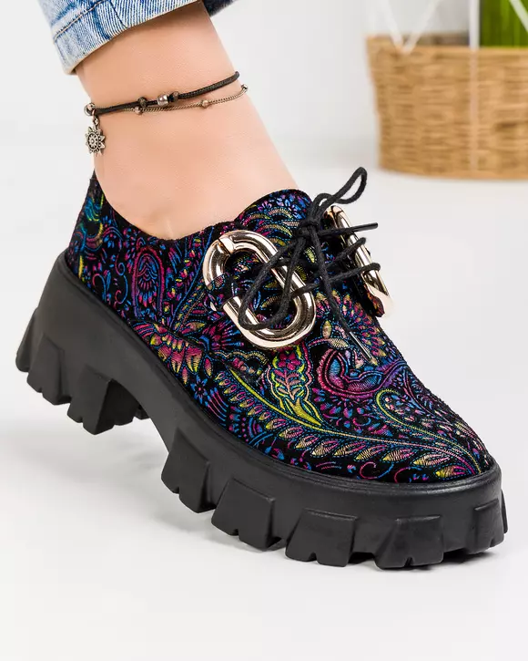 Pantofi casual piele naturala cu imprimeu floral si accesoriu frontal POL185
