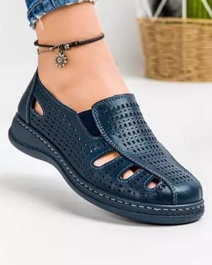 Pantofi Casual Piele Naturala Dama Cu Elastic Perforati Bleumarin XH047