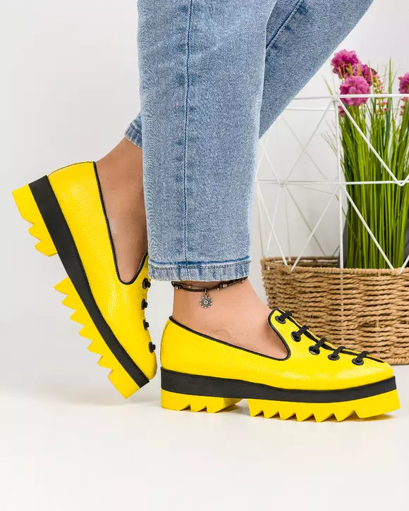 Pantofi casual piele naturala galbeni cu siret decorativ si talpa groasa POL187
