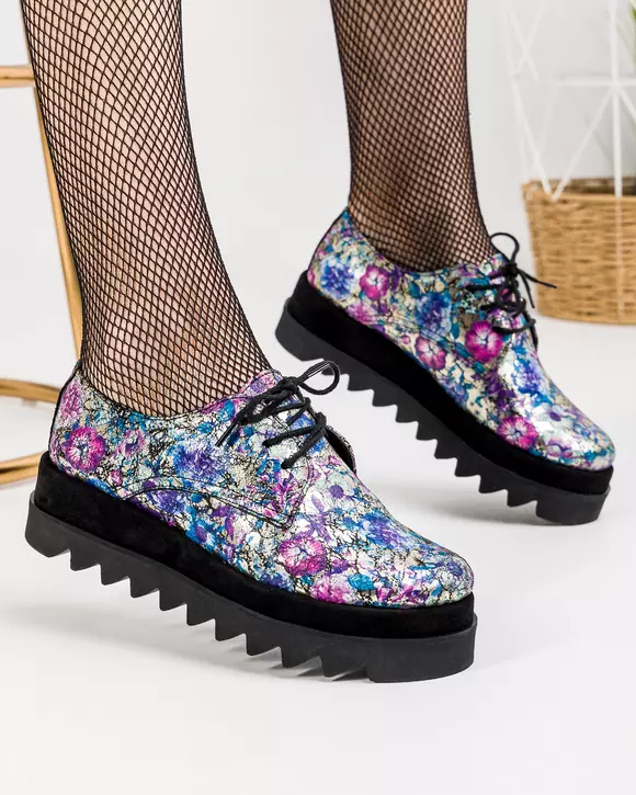 Pantofi casual piele naturala imprimeu floral cu inchidere siret POL179
