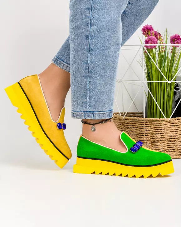 Pantofi casual piele naturala intoarsa galben cu verde si accesoriu POL183