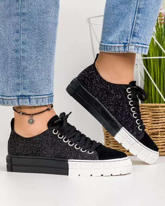 Pantofi casual piele naturala intoarsa negri cu sclipici si inchidere sireturi LF308