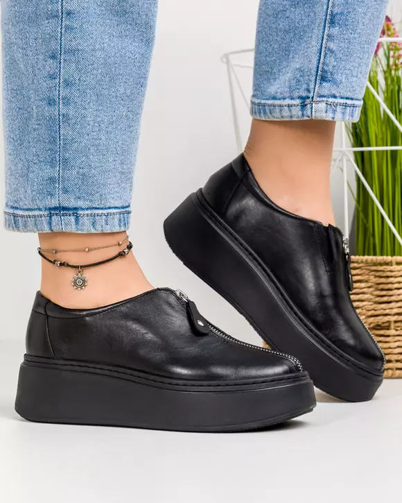 Pantofi casual piele naturala negri cu fermoar frontal estetic LF285