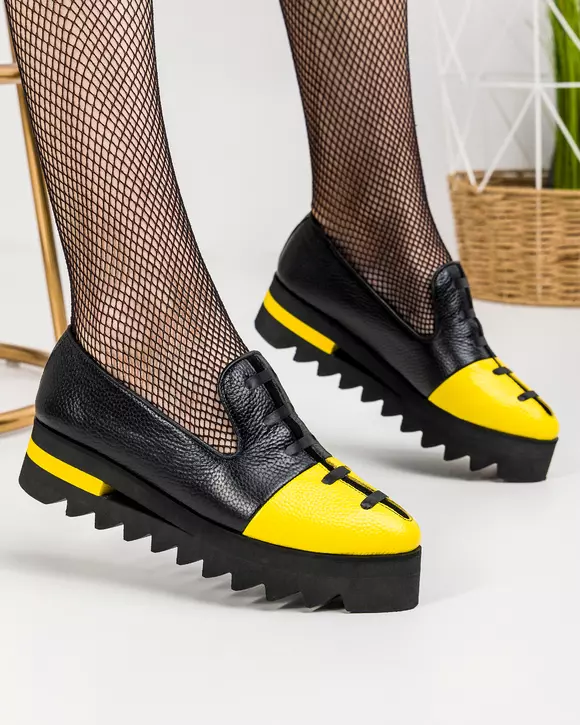 Pantofi casual piele naturala negru cu galben cu siret decorativ POL178