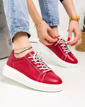 Pantofi casual piele naturala rosii cu inchidere sireturi JY3550