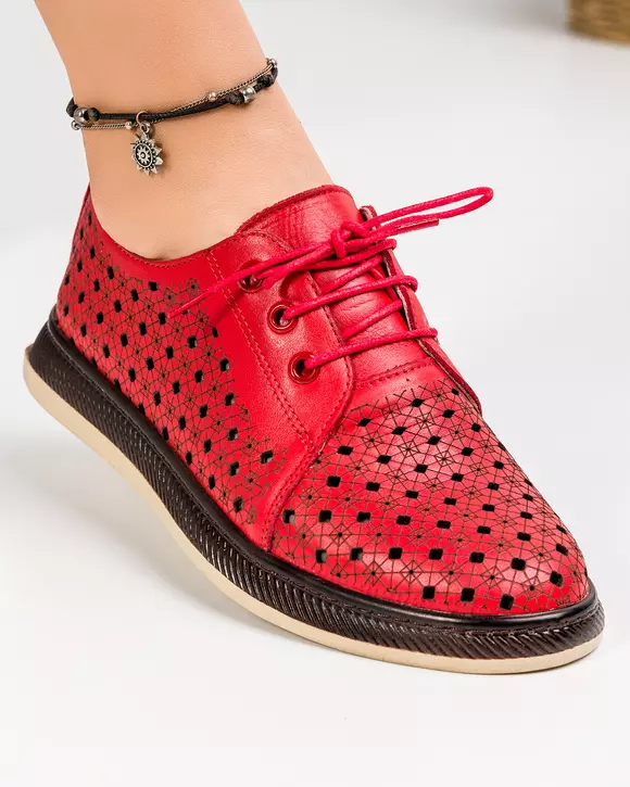 Pantofi casual piele naturala rosii cu inchidere sireturi si perforatii AK990