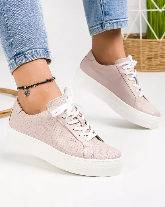 Pantofi casual piele naturala roz pudra cu talpa groasa si inchidere siret RC003