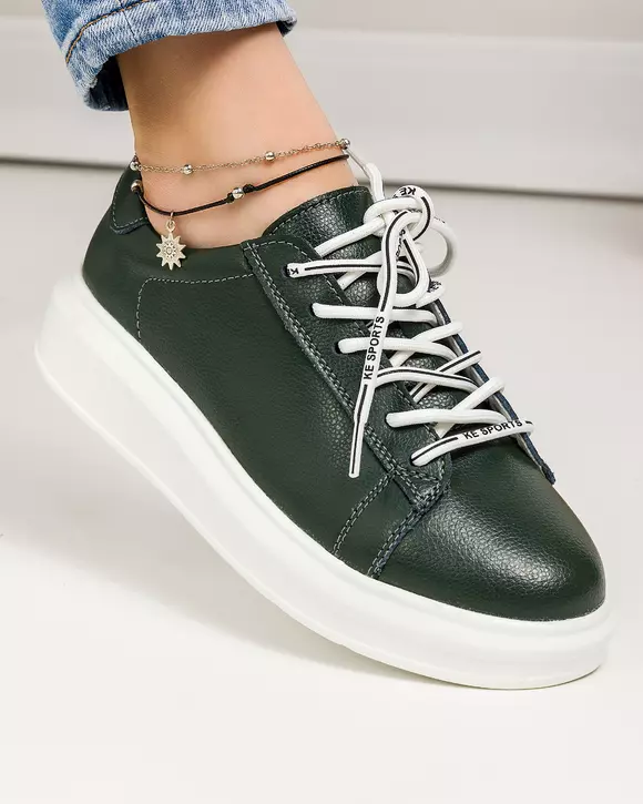 Pantofi casual piele naturala verde inchis cu talpa alba JY3550