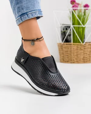 Pantofi Dama Casual Piele Naturala Negri Cu Accesoriu XH-2074