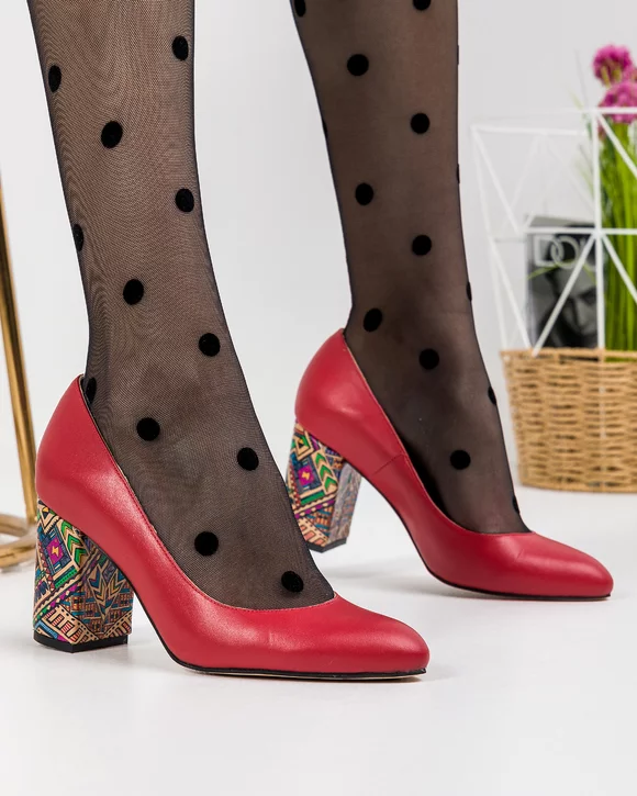 Pantofi Eleganti cu Toc Piele Naturala Rosii WIZ12