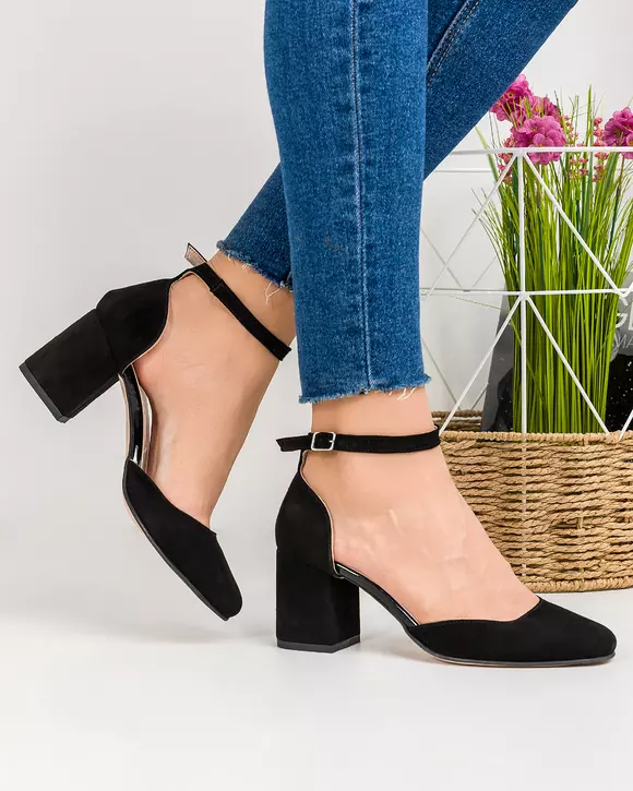 Pantofi eleganti piele naturala intoarsa negri cu toc gros WIZ23V