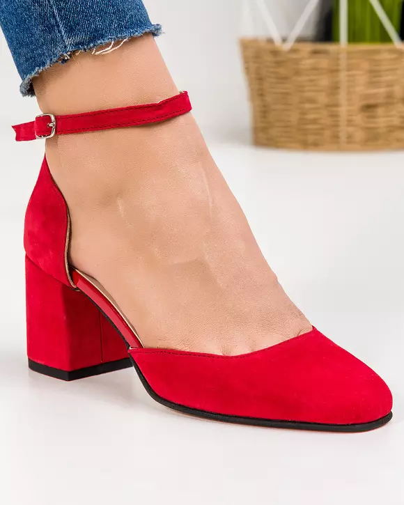 Pantofi eleganti piele naturala intoarsa rosii cu toc gros si inchidere catarama WIZ32V