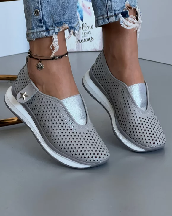 Pantofi Gri Casual Piele Naturala Dama Cu Accesoriu XH-2074