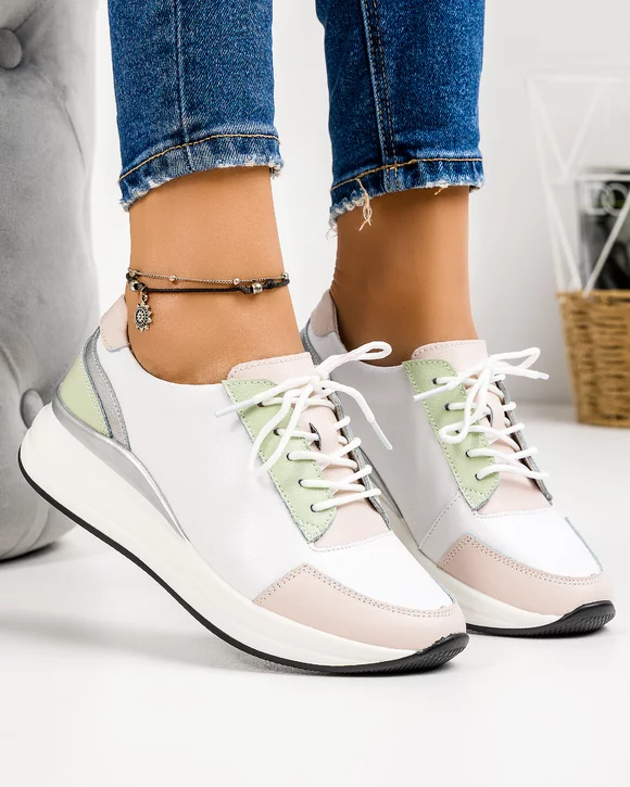 Pantofi Piele Naturala Eden - Alb + Roz