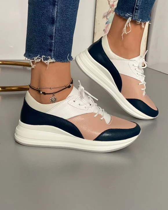 Pantofi Piele Naturala Eden2 - Bleumarin + Alb