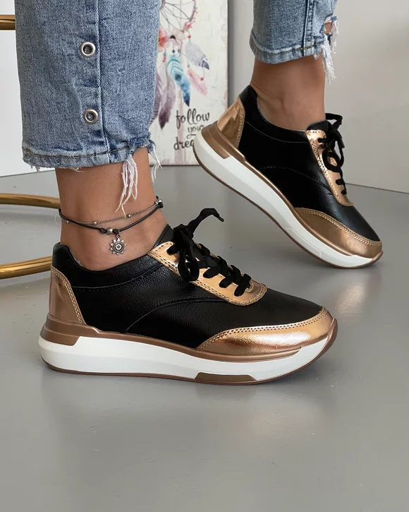 Pantofi Piele Naturala Negri cu Auriu Rosalia