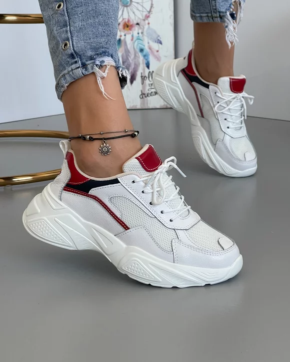 Pantofi Piele Naturala Veronica Albi + Rosu