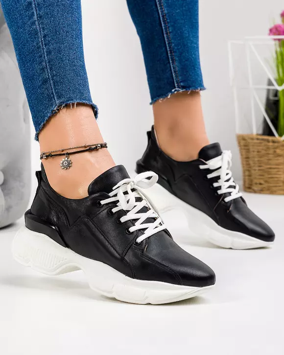 Pantofi sport dama piele naturala negri cu sireturi BA001