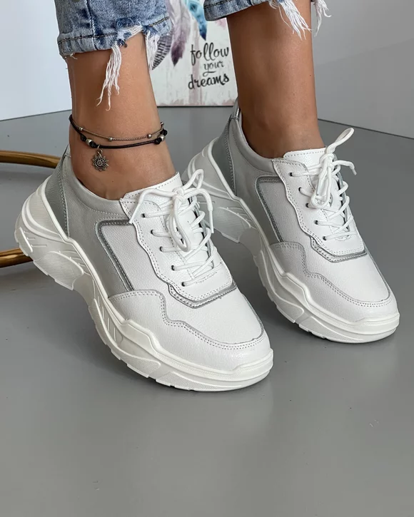 Pantofi Sport Piele Naturala Daiana Albi Cu Gri
