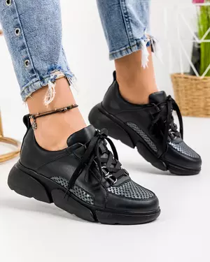 Pantofi sport piele naturala negri cu print si talpa groasa ARIA195