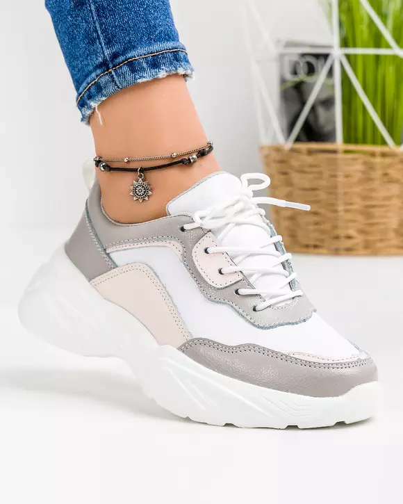 Pantofi Sport Piele Naturala Roz cu Gri Iasmina